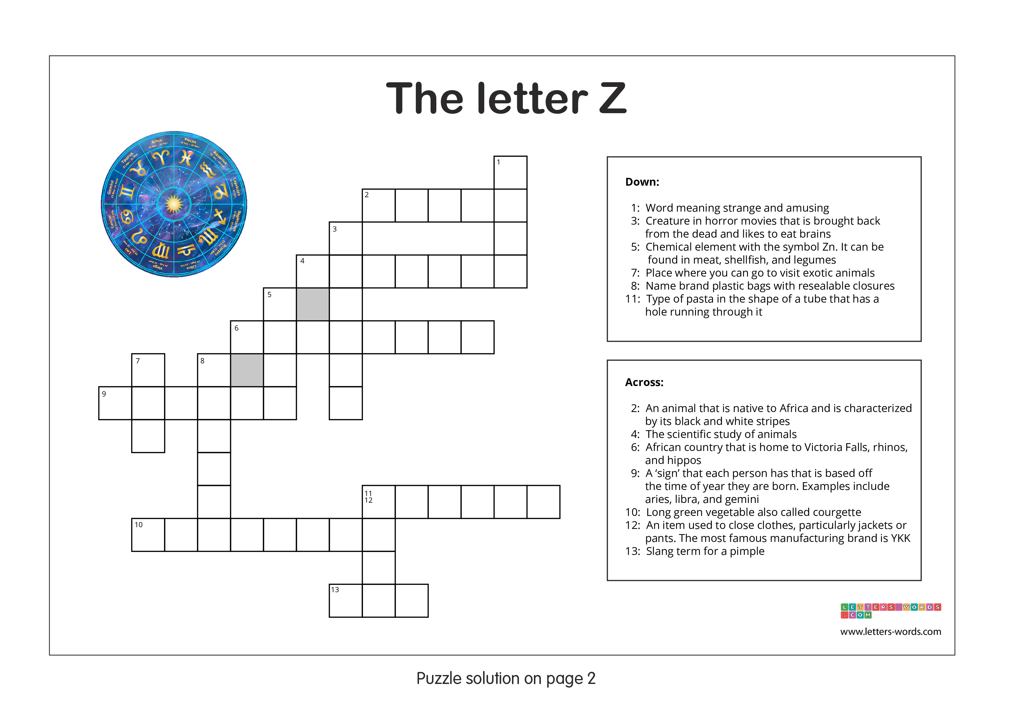 Crossword puzzles for children aged 10+ - The letter Z