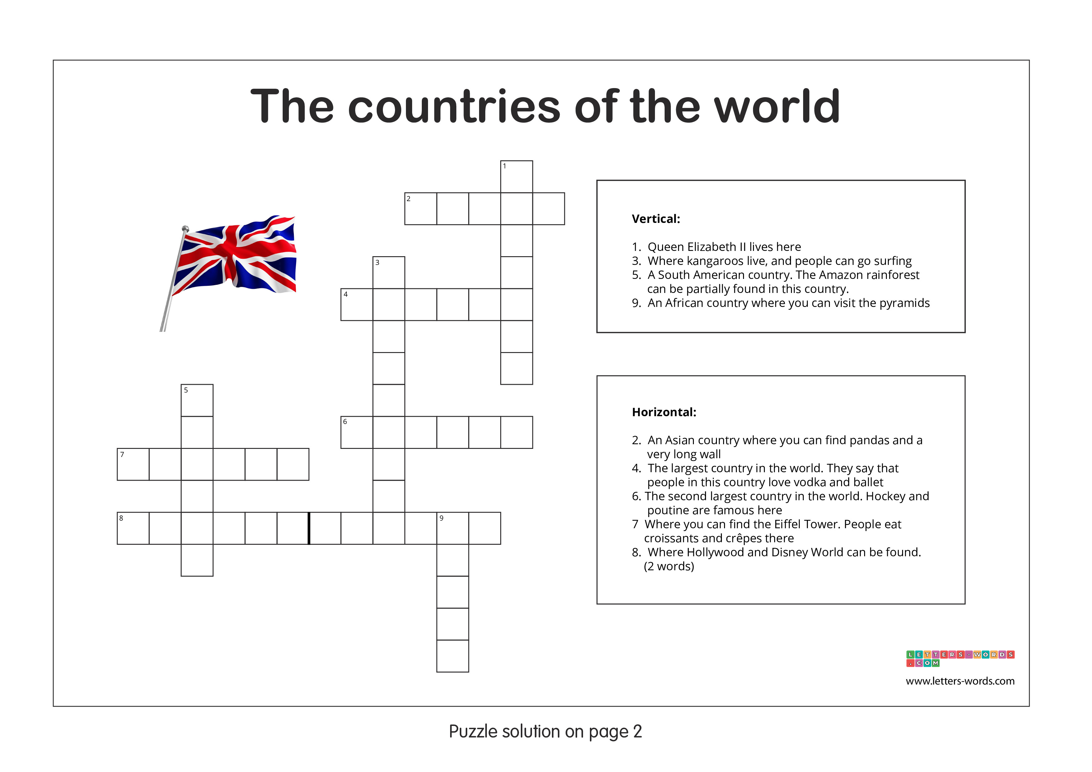 Crossword puzzles for children aged 10+ - The countries of the world